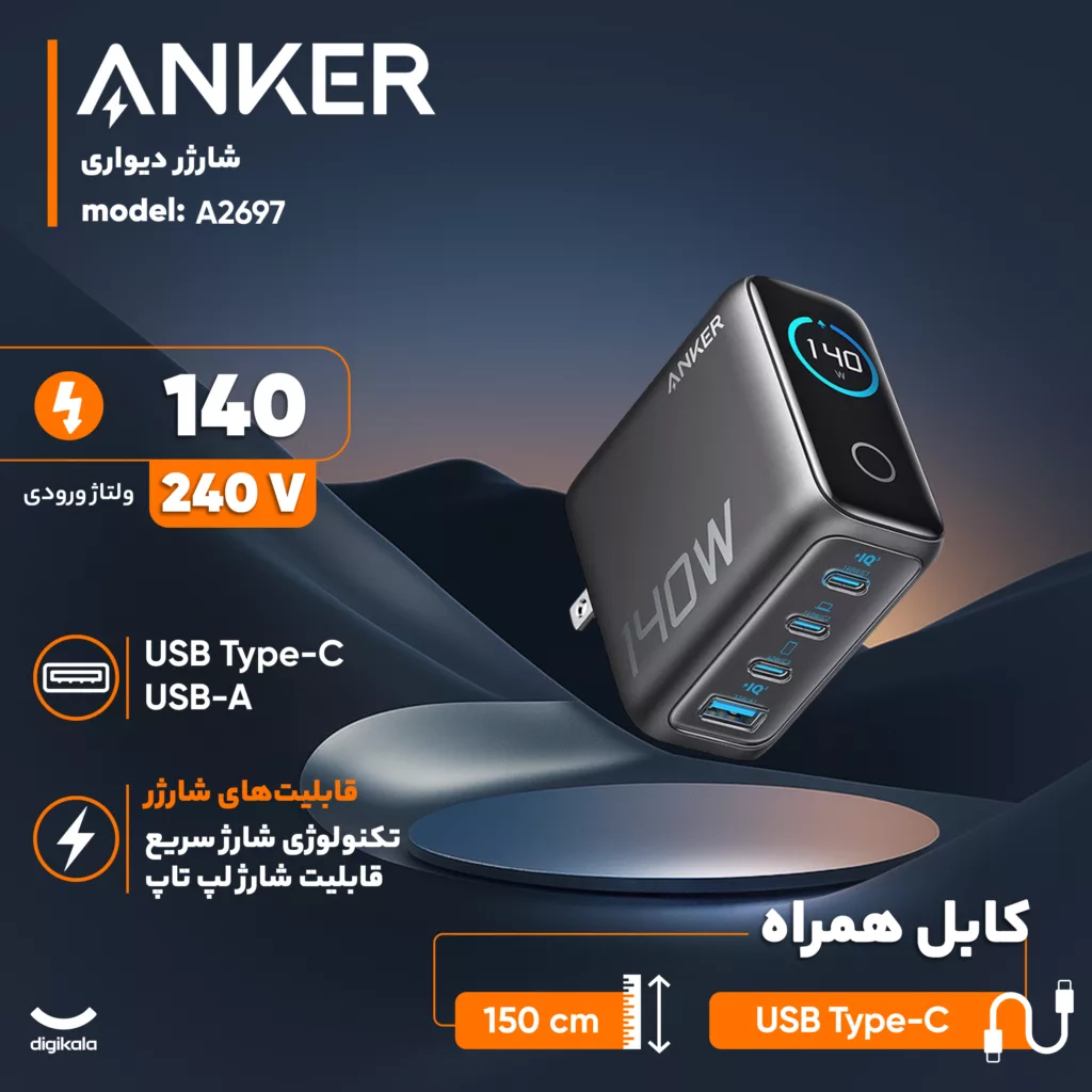 شارژر دیواری 140 وات انکر مدل A2697 به همراه کابل USB-C به طول 1.5 متر