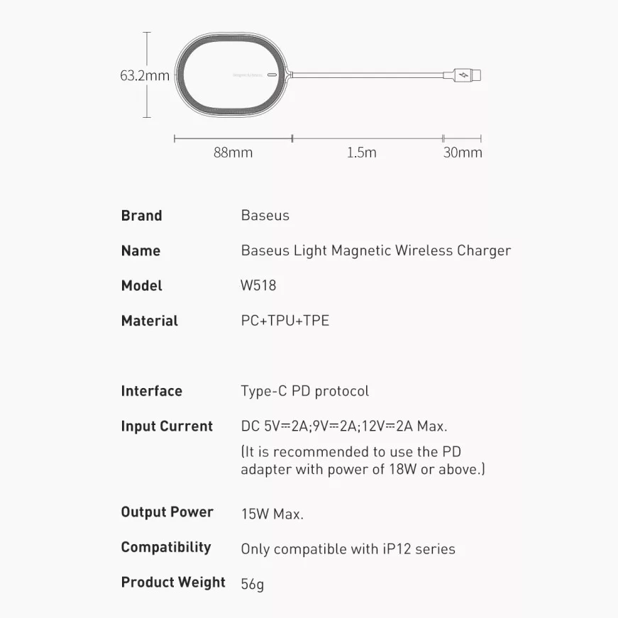 شارژر بی سیم باسئوس مدل W518 MagSafe