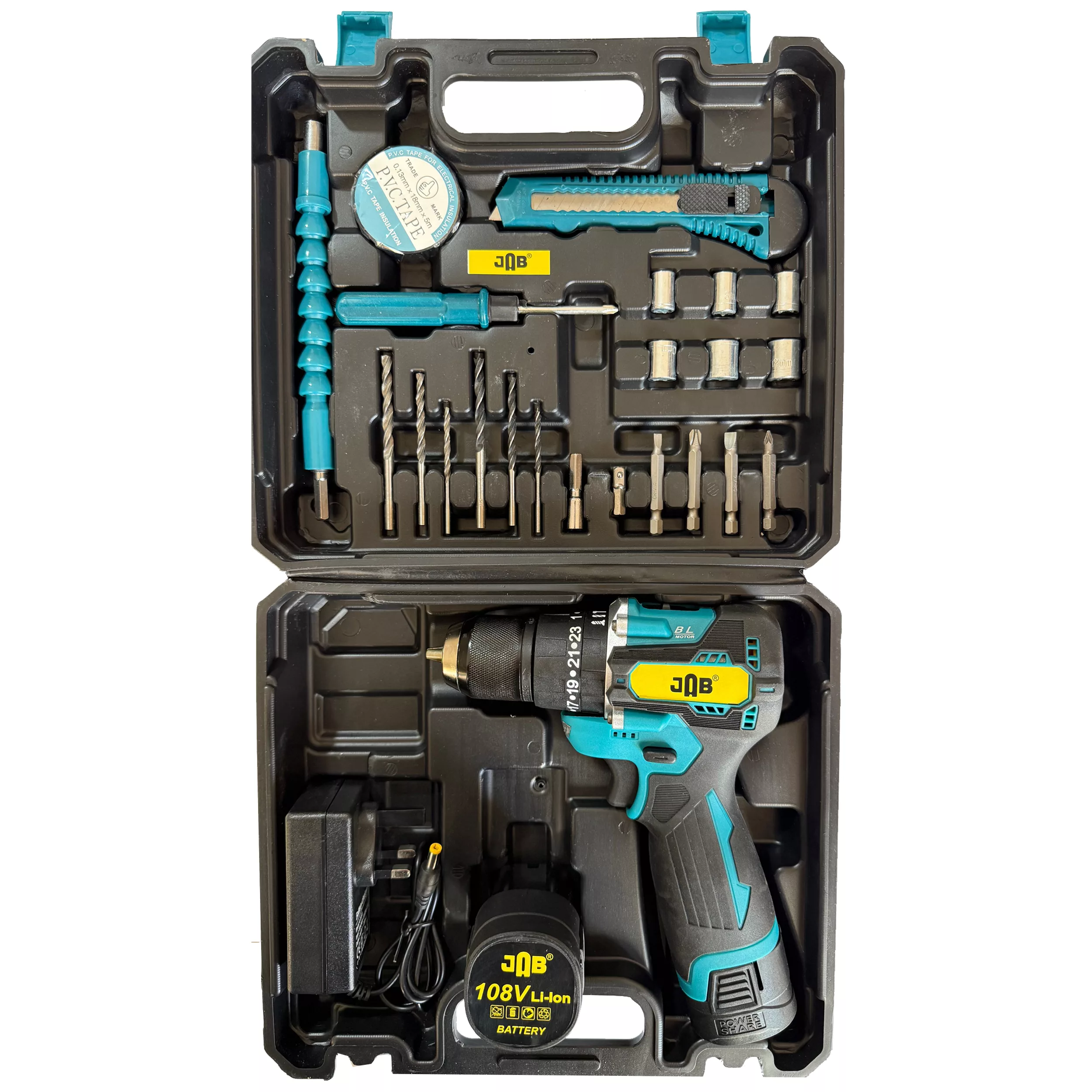 پیچ گوشتی چکشی شارژی سه نظام فلزی 10 میلیمتر 108 ولت جاب مدل JB-108 BS INSERT مجموعه 45 عددی