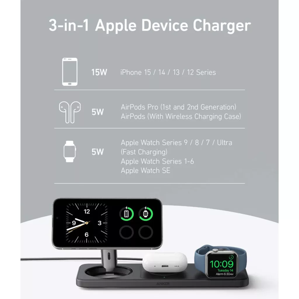 شارژر رومیزی انکر مدل MagGo Wireless Charging به همراه شارژر دیواری 40 وات انکر و کابل USB-C به طول 1.5 متر