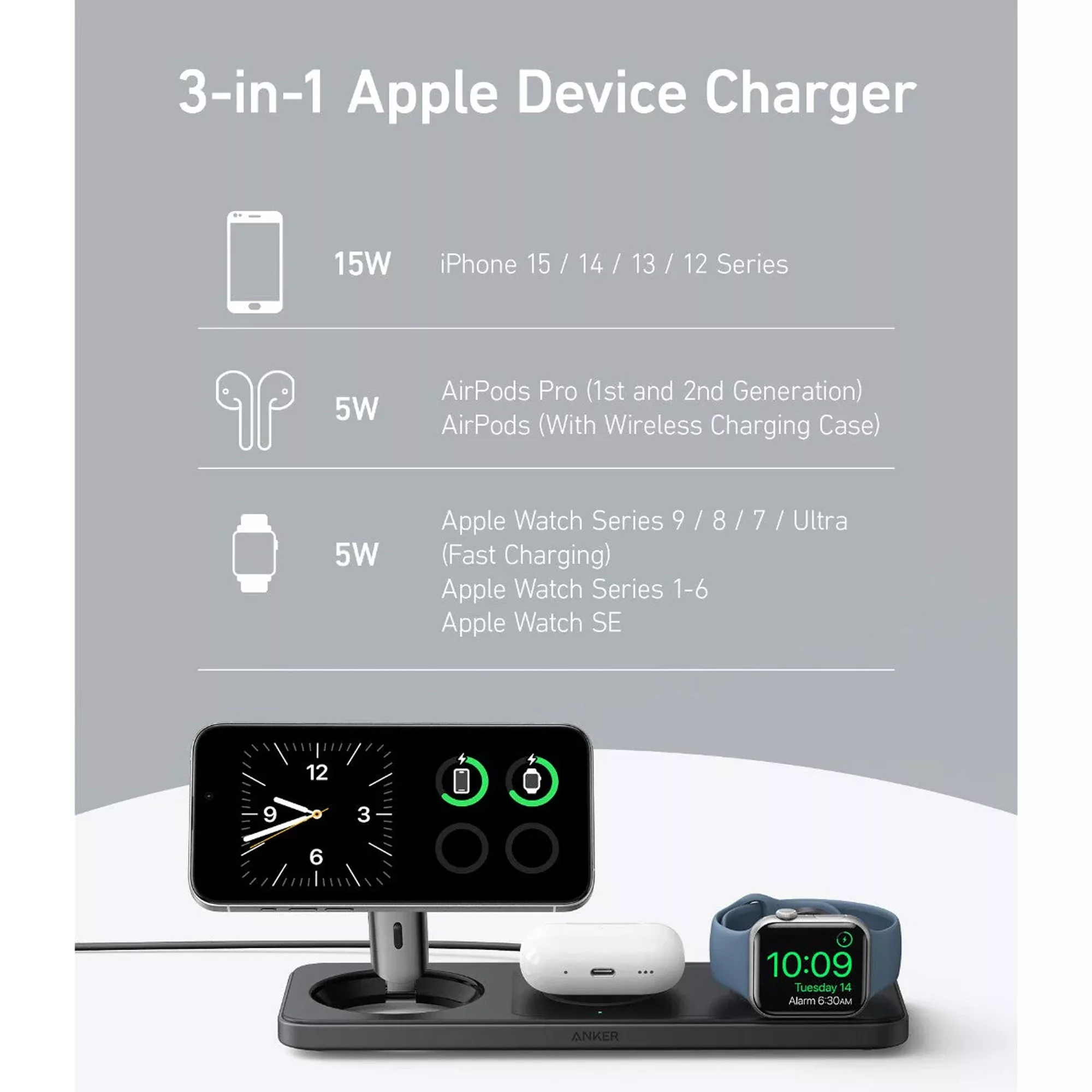 شارژر رومیزی انکر مدل MagGo Wireless Charging به همراه شارژر دیواری 40 وات انکر و کابل USB-C به طول 1.5 متر