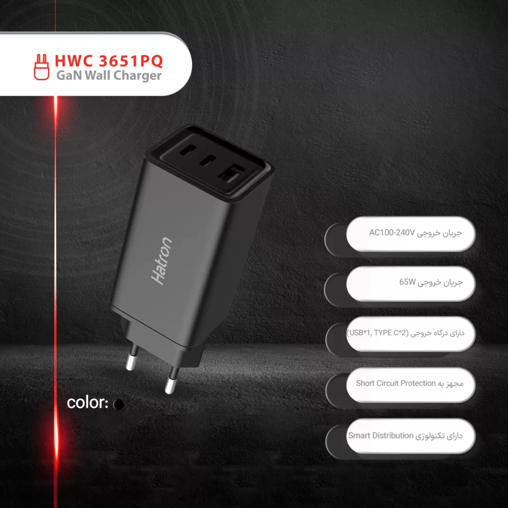 شارژر دیواری 65 وات هترون مدل HWC 3651 PQ GaN