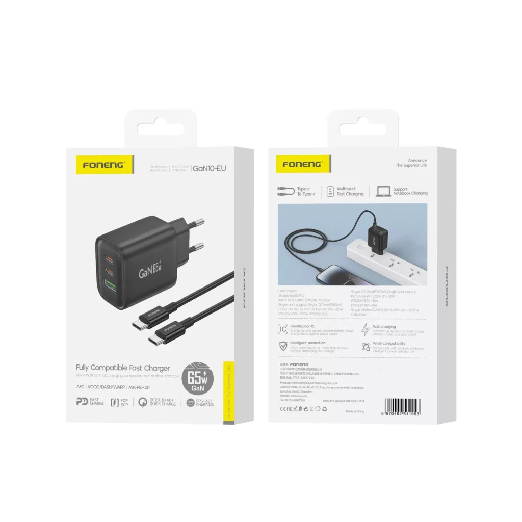 شارژر دیواری 65 وات فوننگ مدل GaN Fast Charger به همراه کابل USB-C