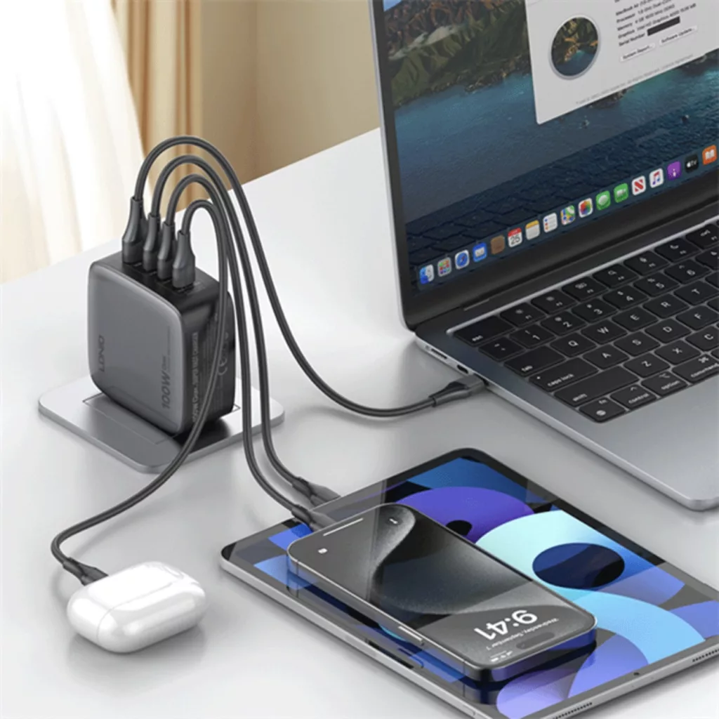 شارژر دیواری ۱۰۰ وات ۴ پورت الدینیو مدل Q408 به همراه کابل USB-C