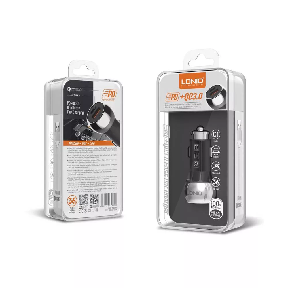 شارژر فندکی الدینیو مدل C1 به همراه کابل تبدیل USB-C