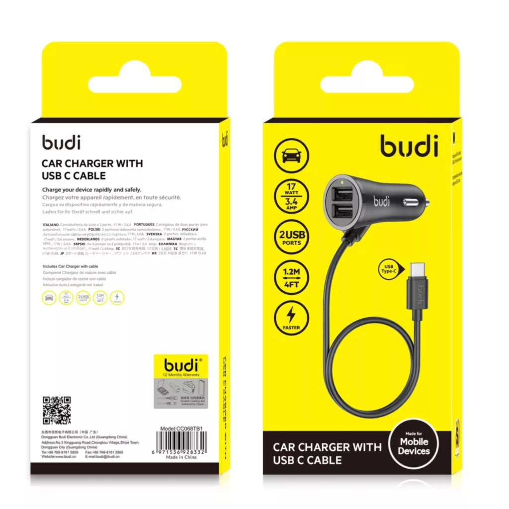 شارژر فندکی 17وات بودی مدل CC068TB1 به همراه کابل USB-C