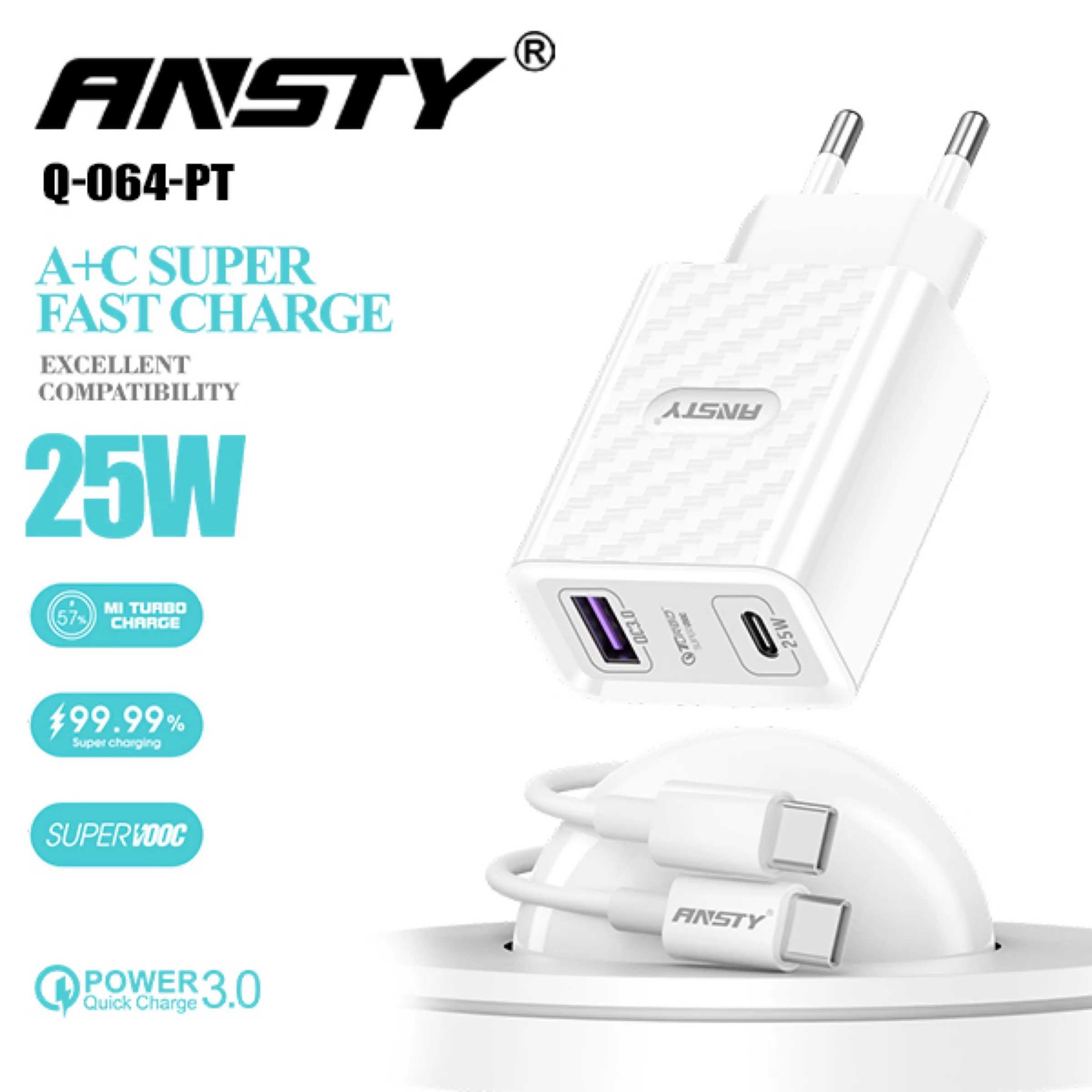 شارژر دیواری 25 وات انستی مدل Q-064 Super fast به همراه کابل تبدیل USB-C