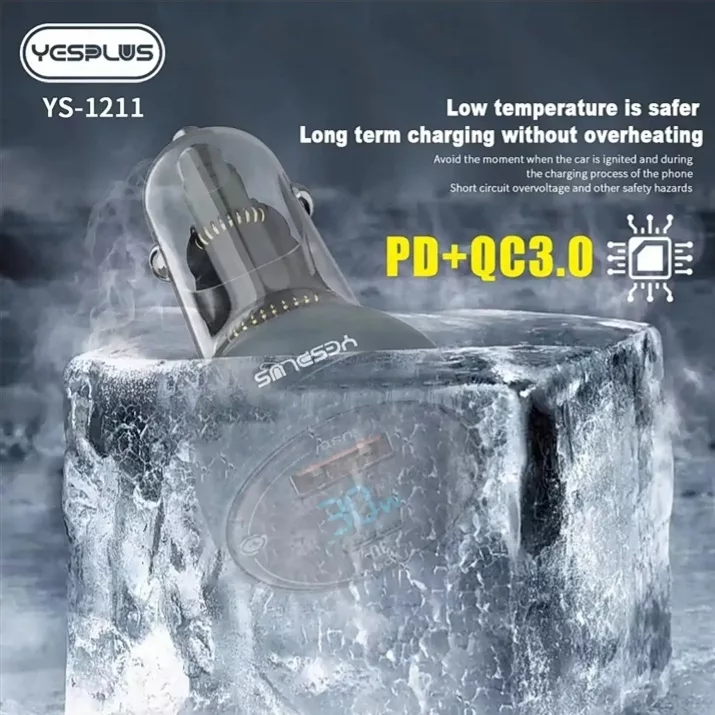 شارژر فندکی 30 وات 2 پورت یس پلاس مدل SUPER FAST 30W به همراه کابل  USB-C