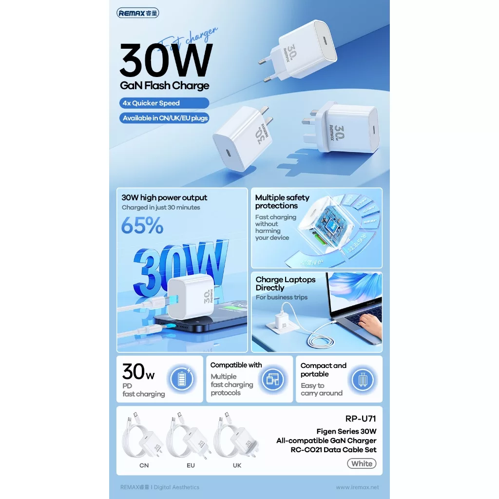شارژر دیواری 30 وات ریمکس مدل All-compatible GaN-RP-U71 به همراه کابل USB-C