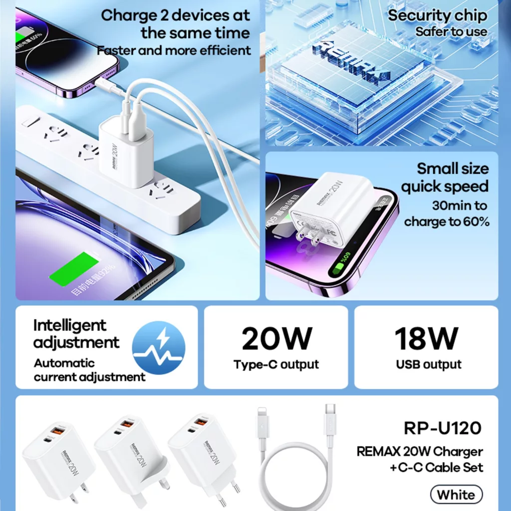 شارژر دیواری 20 وات ریمکس مدل RP-U120 EU به همراه کابل لایتنینگ