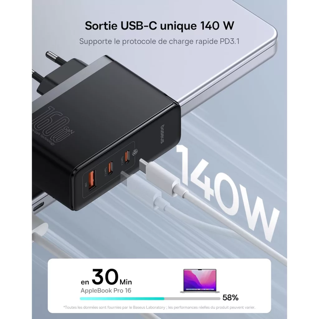 شارژر دیواری 160 وات بیسوس مدل GaN5 Pro 2C+U به همراه کابل تبدیل USB-C