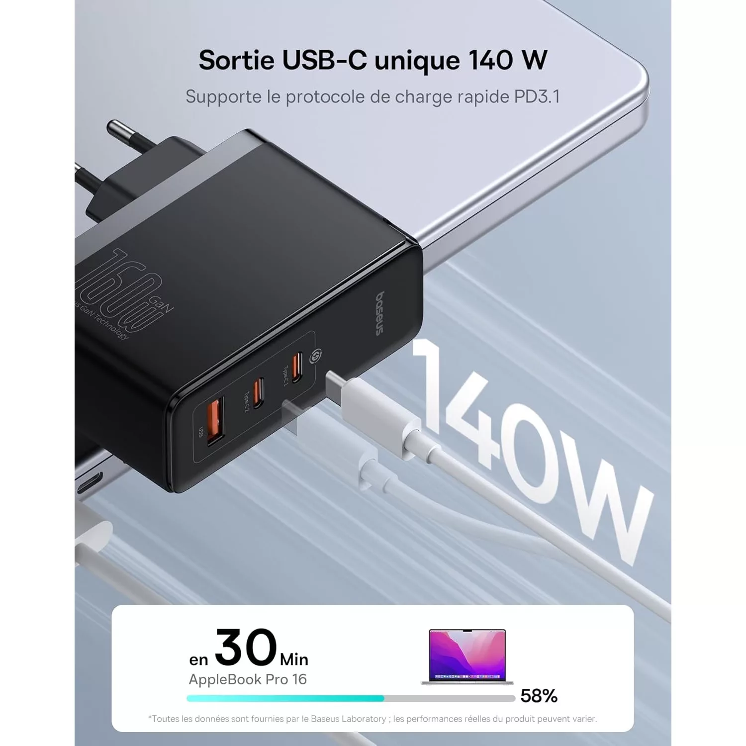 شارژر دیواری 160 وات بیسوس مدل GaN5 Pro 2C+U به همراه کابل تبدیل USB-C