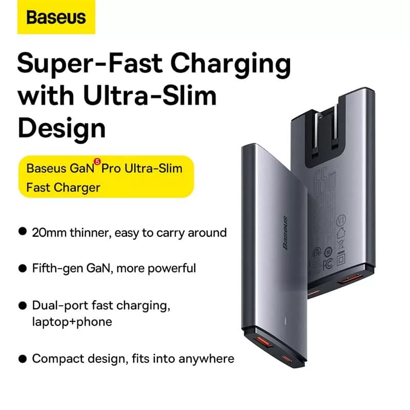 شارژر دیواری 65 وات بیسوس مدل GaN5 Pro Ultra-Slim به همراه کابل تبدیل USB-C