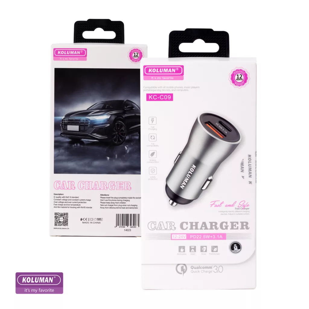 شارژر فندکی 22.5 وات کلومن مدل KC-C09 به همراه کابل تبدیل TYPE-C