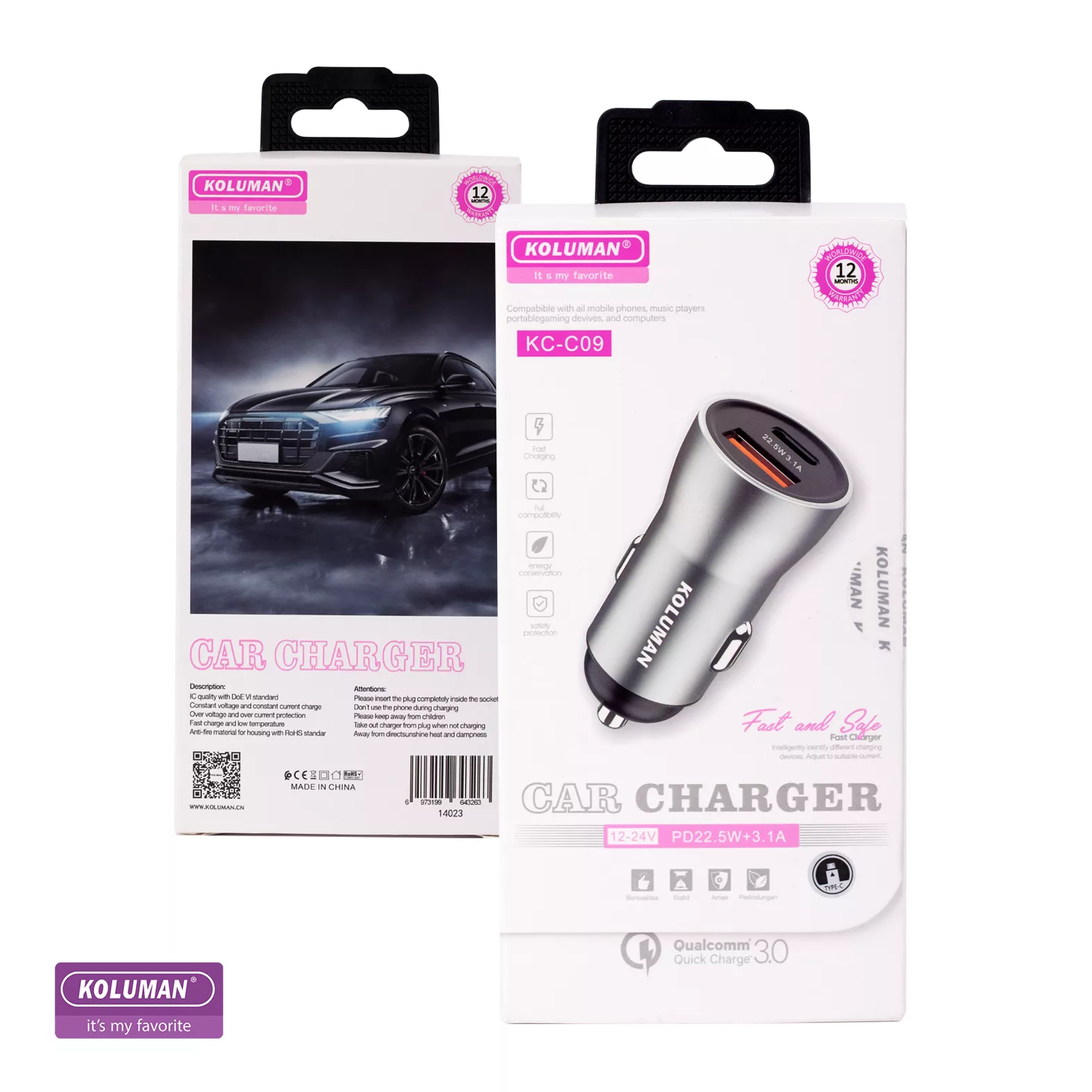 شارژر فندکی 22.5 وات کلومن مدل KC-C09 به همراه کابل تبدیل TYPE-C