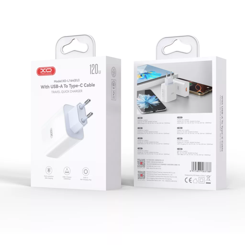 شارژر دیواری 30 وات ایکس او مدل L164 EU به همراه کابل تبدیل USB-C به USB