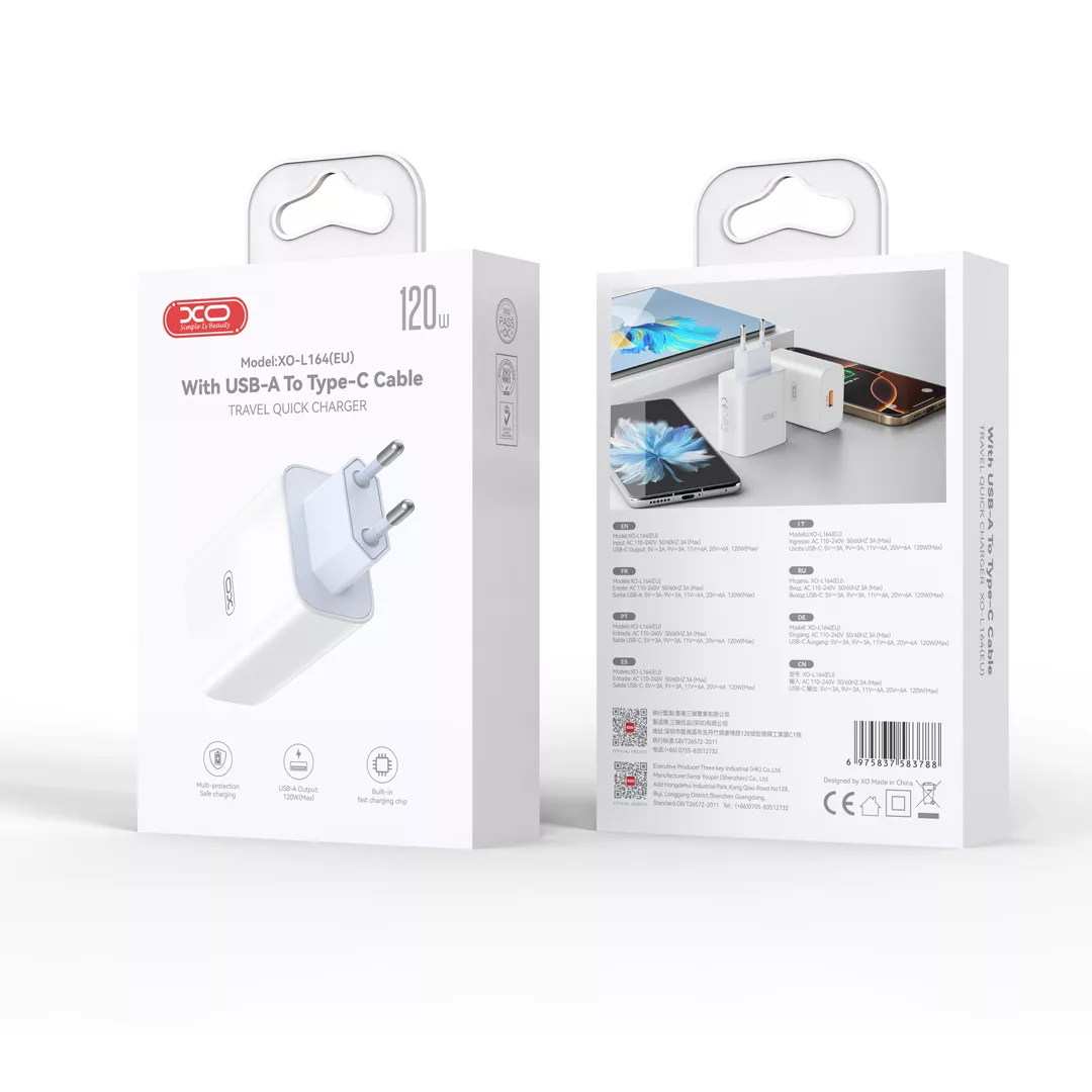 شارژر دیواری 30 وات ایکس او مدل L164 EU به همراه کابل تبدیل USB-C به USB
