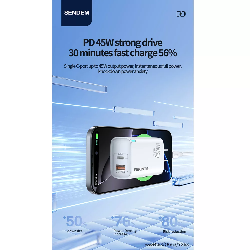 شارژر دیواری 45 وات سندم مدل OG63 به همراه کابل تبدیل USB-C