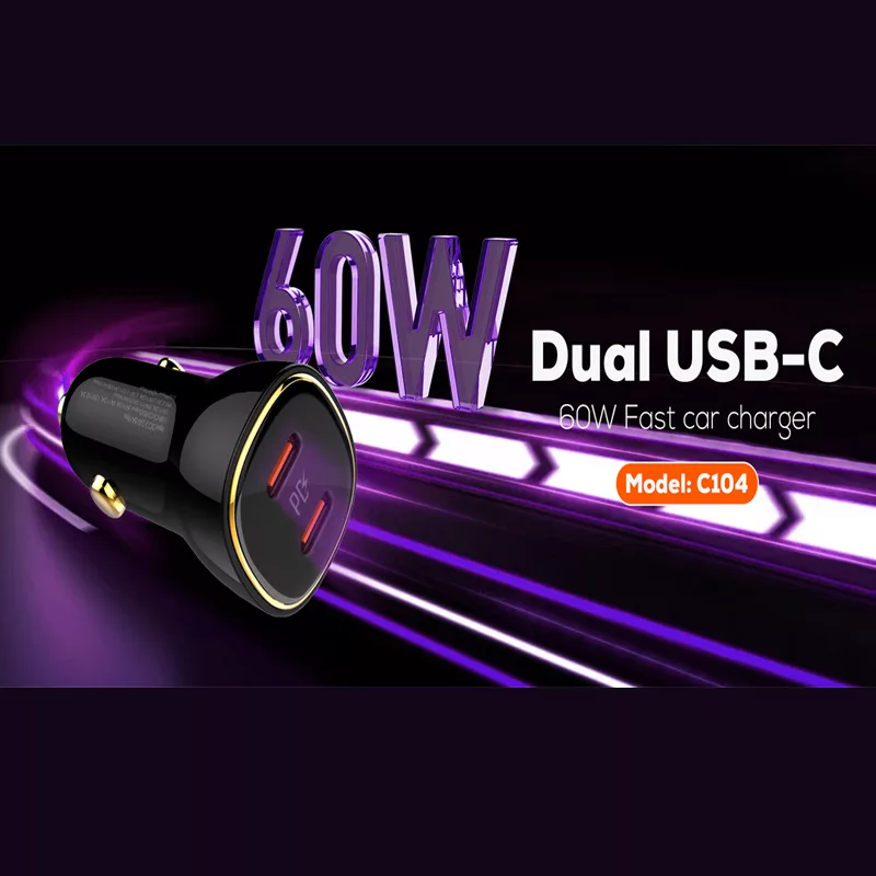 شارژر فندکی 60 وات الدینیو مدل C104 همراه با کابل USB-C