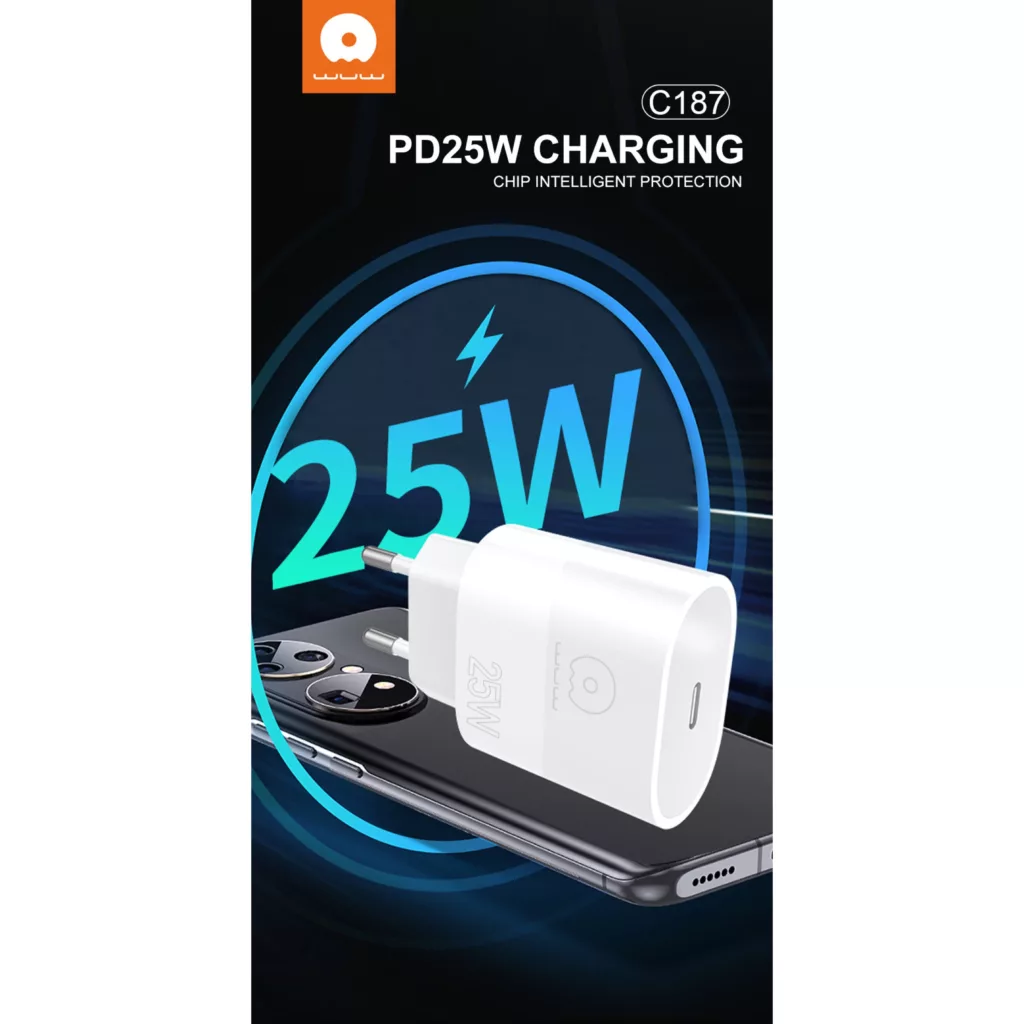 شارژر دیواری 25 وات دبلیو یو دبلیو مدل C187 به همراه کابل تبدیل USB-C