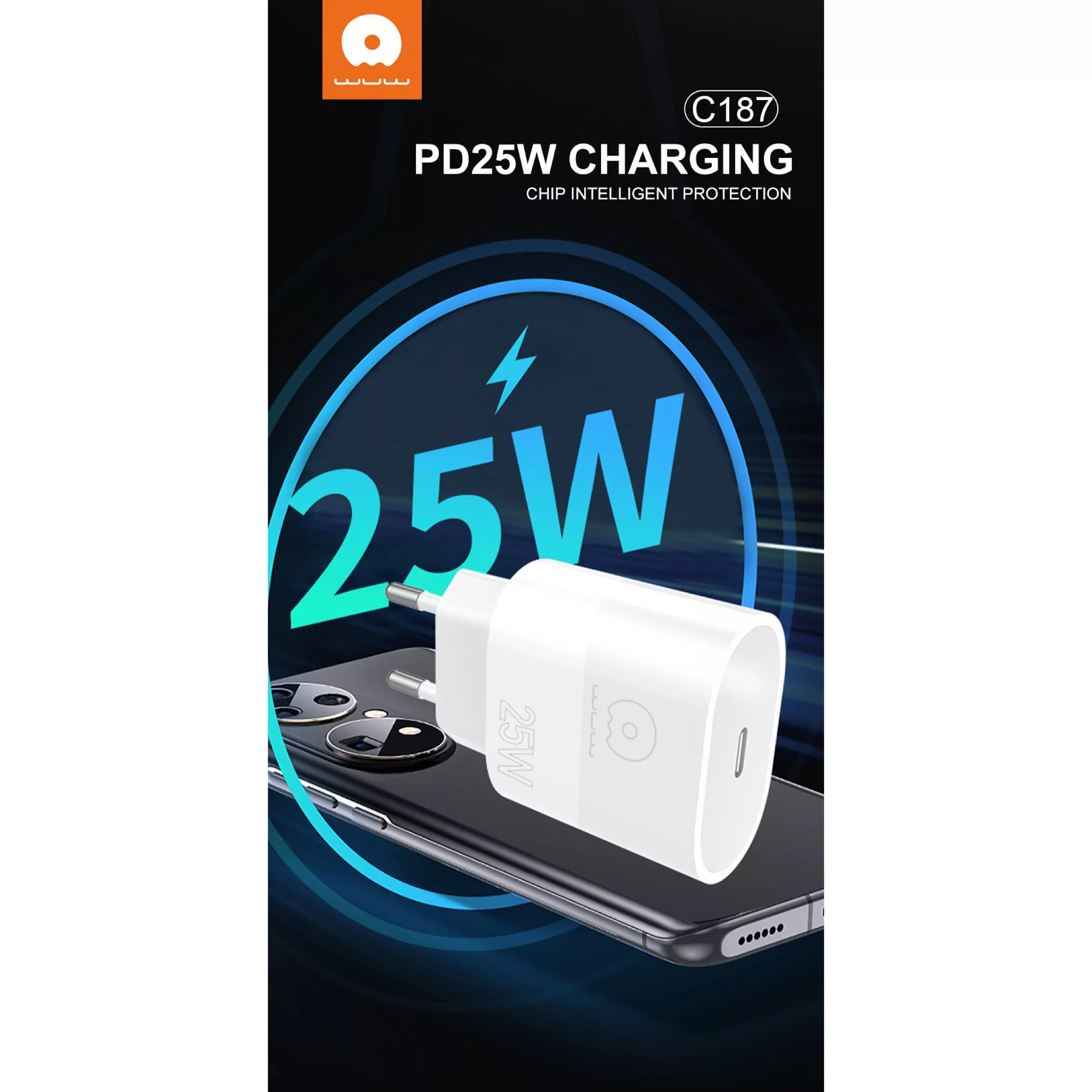 شارژر دیواری 25 وات دبلیو یو دبلیو مدل C187 به همراه کابل تبدیل USB-C