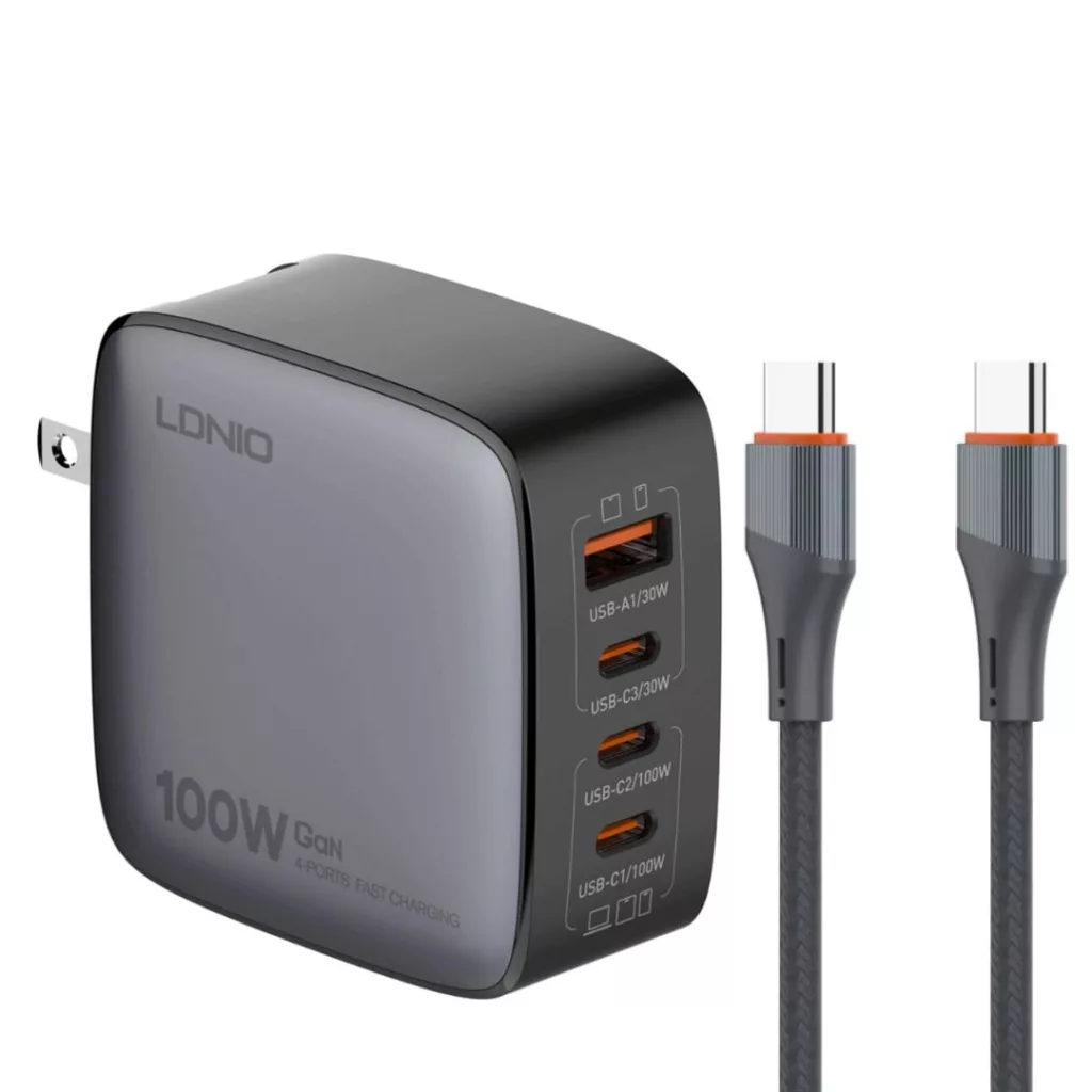 شارژر دیواری ۱۰۰ وات ۴ پورت الدینیو مدل Q408 به همراه کابل USB-C