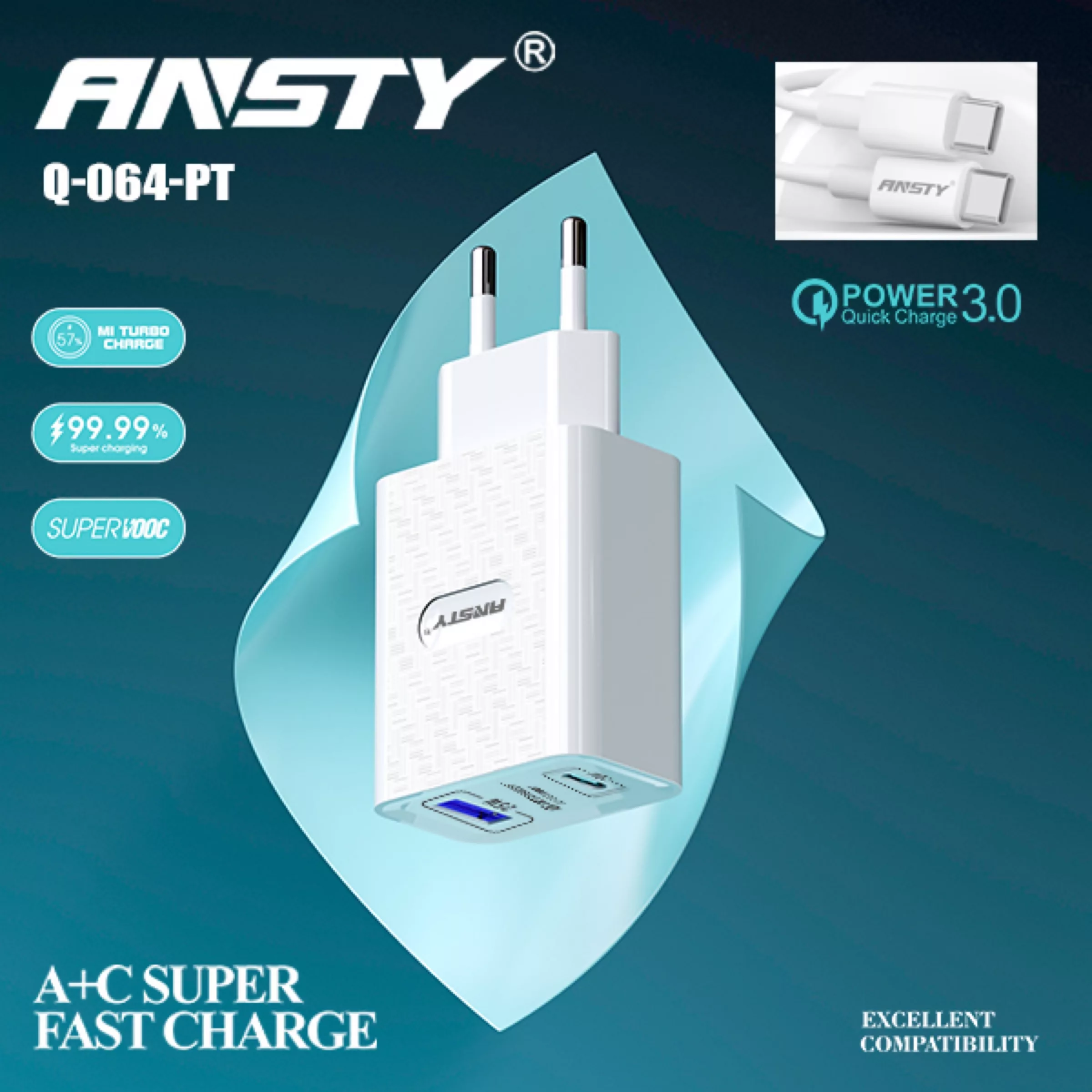 شارژر دیواری 25 وات انستی مدل Q-064 Super fast به همراه کابل تبدیل USB-C