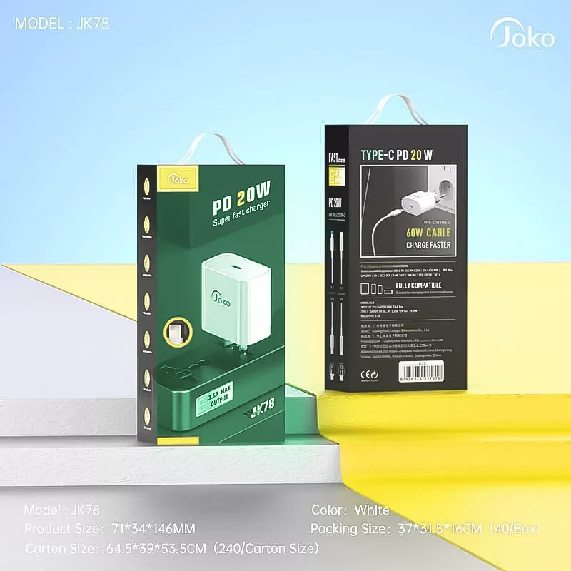 شارژر دیواری 20 وات جوکو مدل JK78-PX11 به همرا کابل تبدیل لایتنینگ