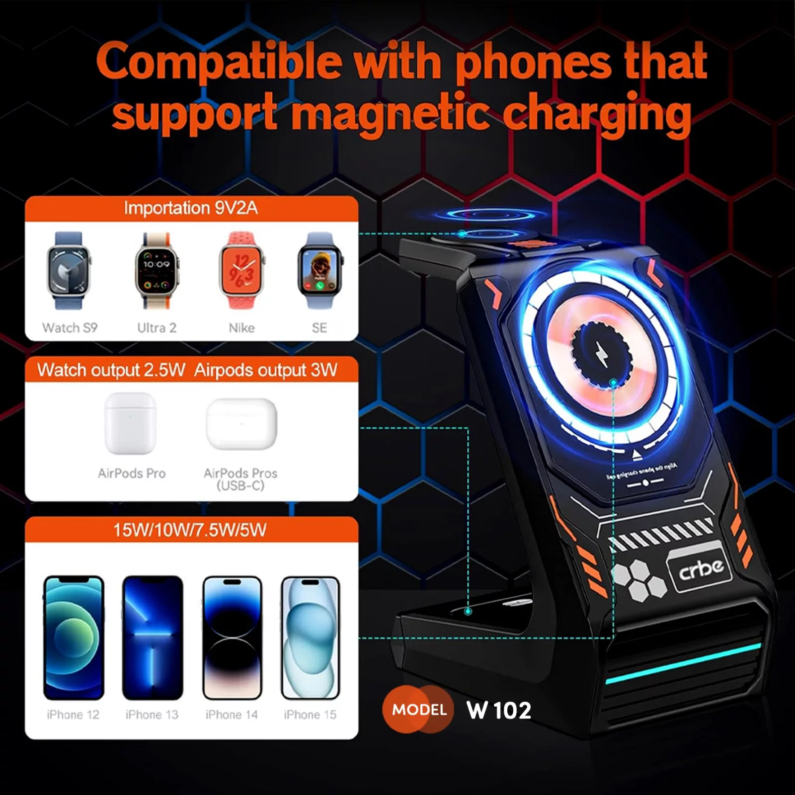 شارژر  رو میزی بی سیم 15وات  کربی مدل  W102 3IN1