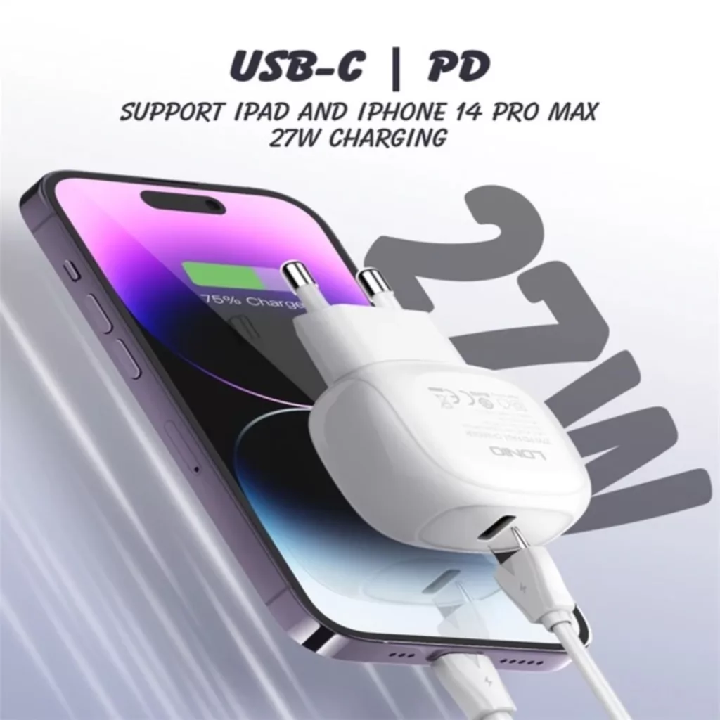 آداپتور شارژر 27 وات الدینیو مدل A1206C به همراه کابل تبدیل USB-C