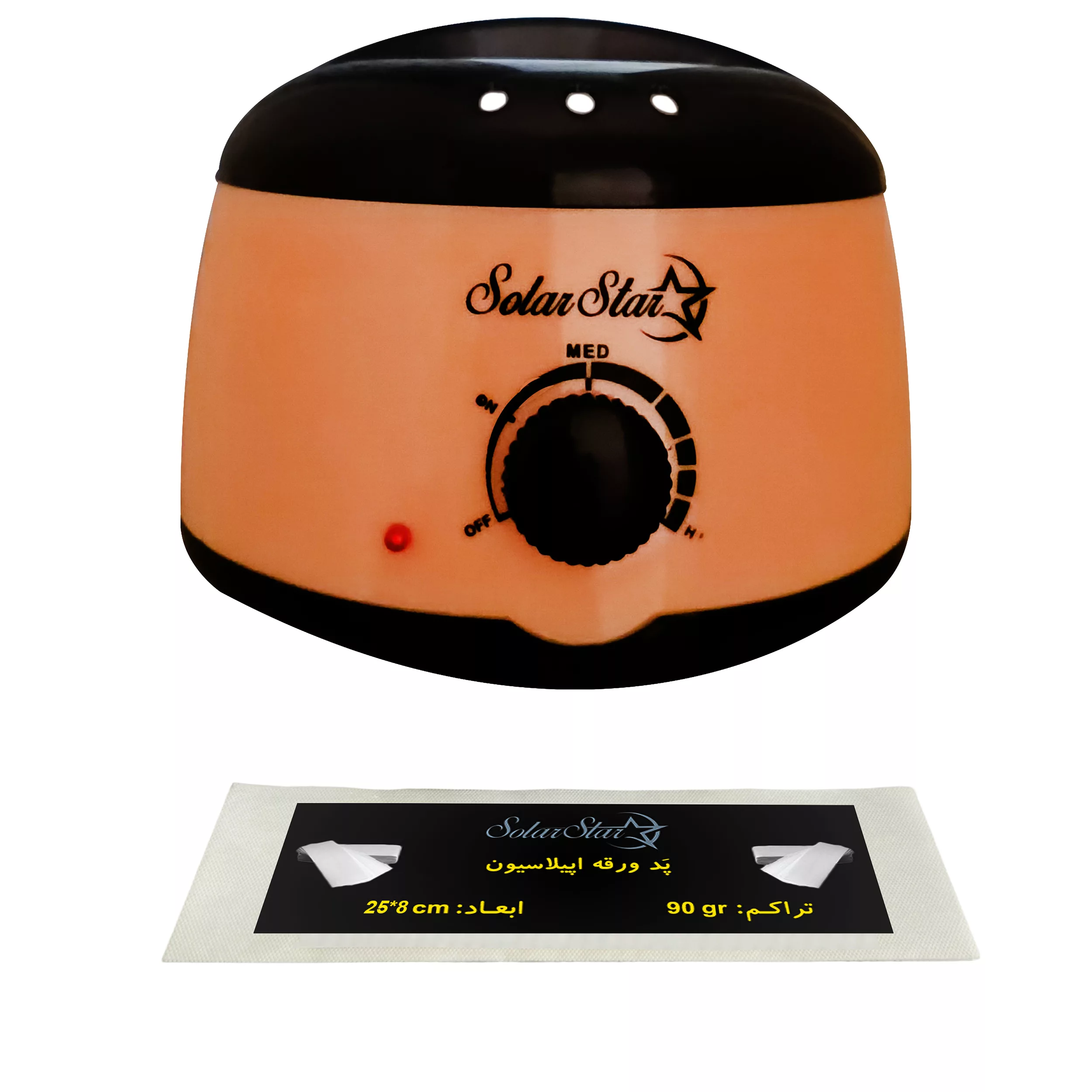 دستگاه موم گرم کن و ذوب وکس سولار استار مدل ولوم دار به همراه پد اپیلاسیون بسته 10 عددی
