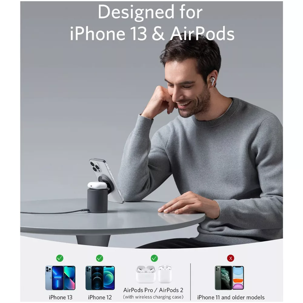 شارژر بی‌سیم 7.5 وات انکر مدل B2568 به همراه شارژر دیواری 20 وات انکر و کابل USB-C به USB-C