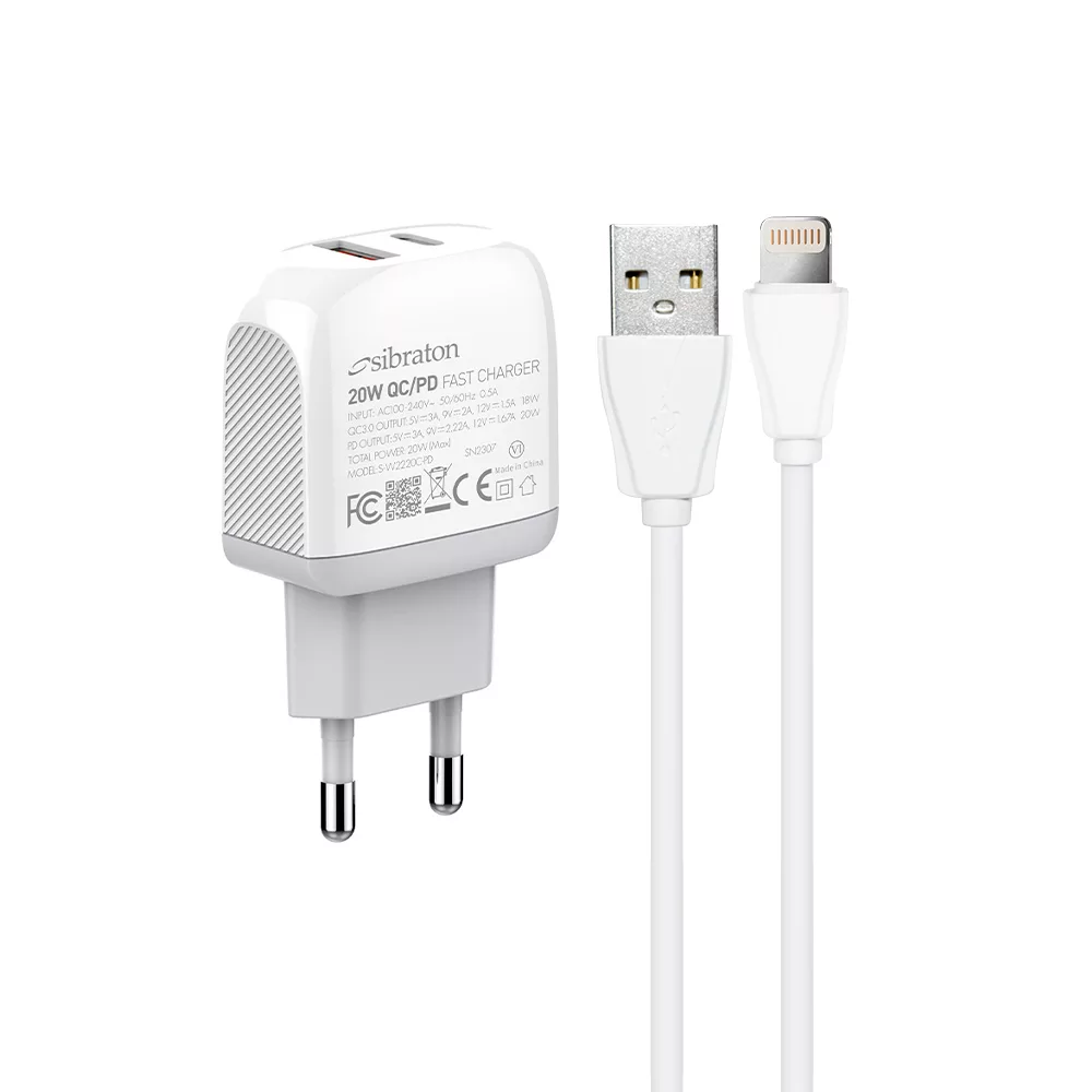 شارژر دیواری 20 وات سیبراتون مدل SW2220i PD به همراه کابل لایتنینگ