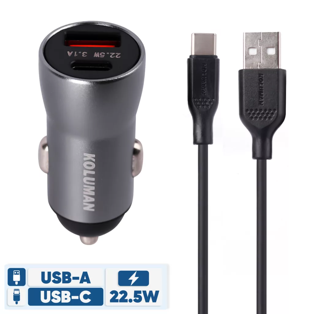 شارژر فندکی 22.5 وات کلومن مدل KC-C09 به همراه کابل تبدیل TYPE-C