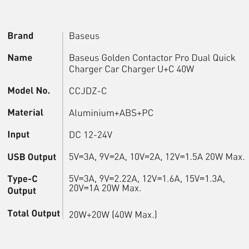 شارژر فندکی باسئوس مدل CCJDZ-C 40W