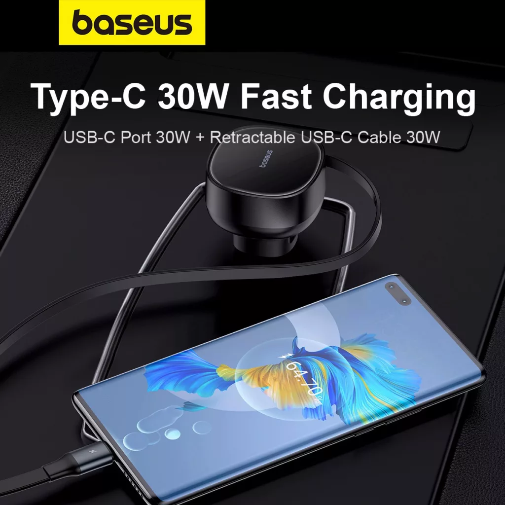 شارژر فندکی 60 وات بیسوس مدل Retractable به همراه کابل USB-C