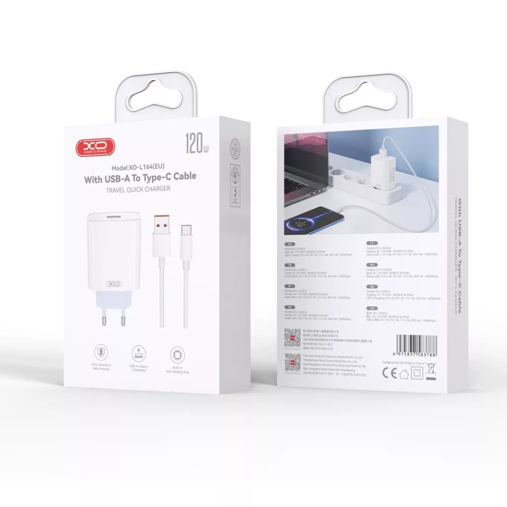 شارژر دیواری 30 وات ایکس او مدل L164 EU به همراه کابل تبدیل USB-C به USB