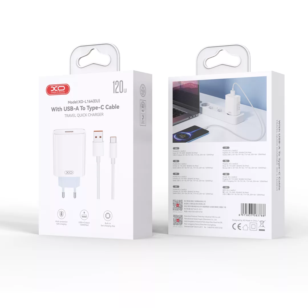 شارژر دیواری 30 وات ایکس او مدل L164 EU به همراه کابل تبدیل USB-C به USB