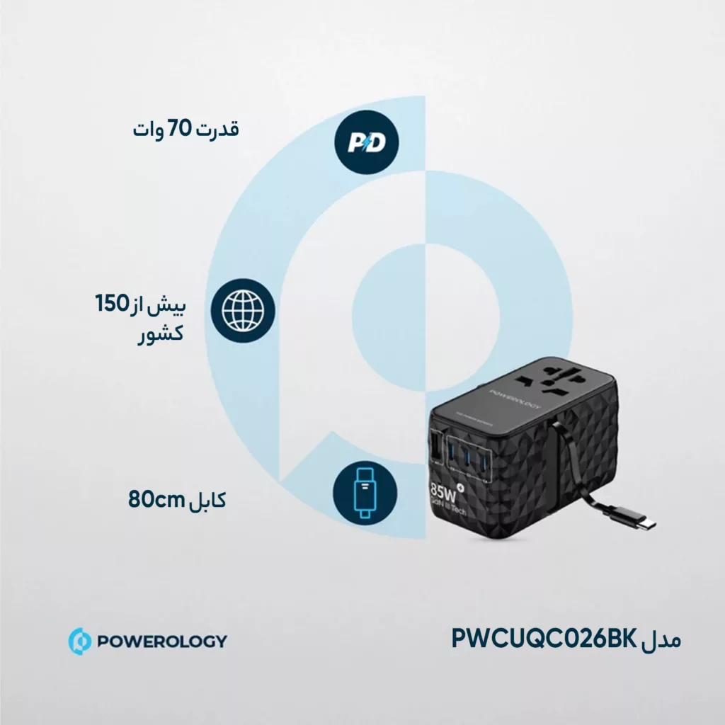 شارژر دیواری 85 وات پاورولوجی مدل PWCUQC026BK