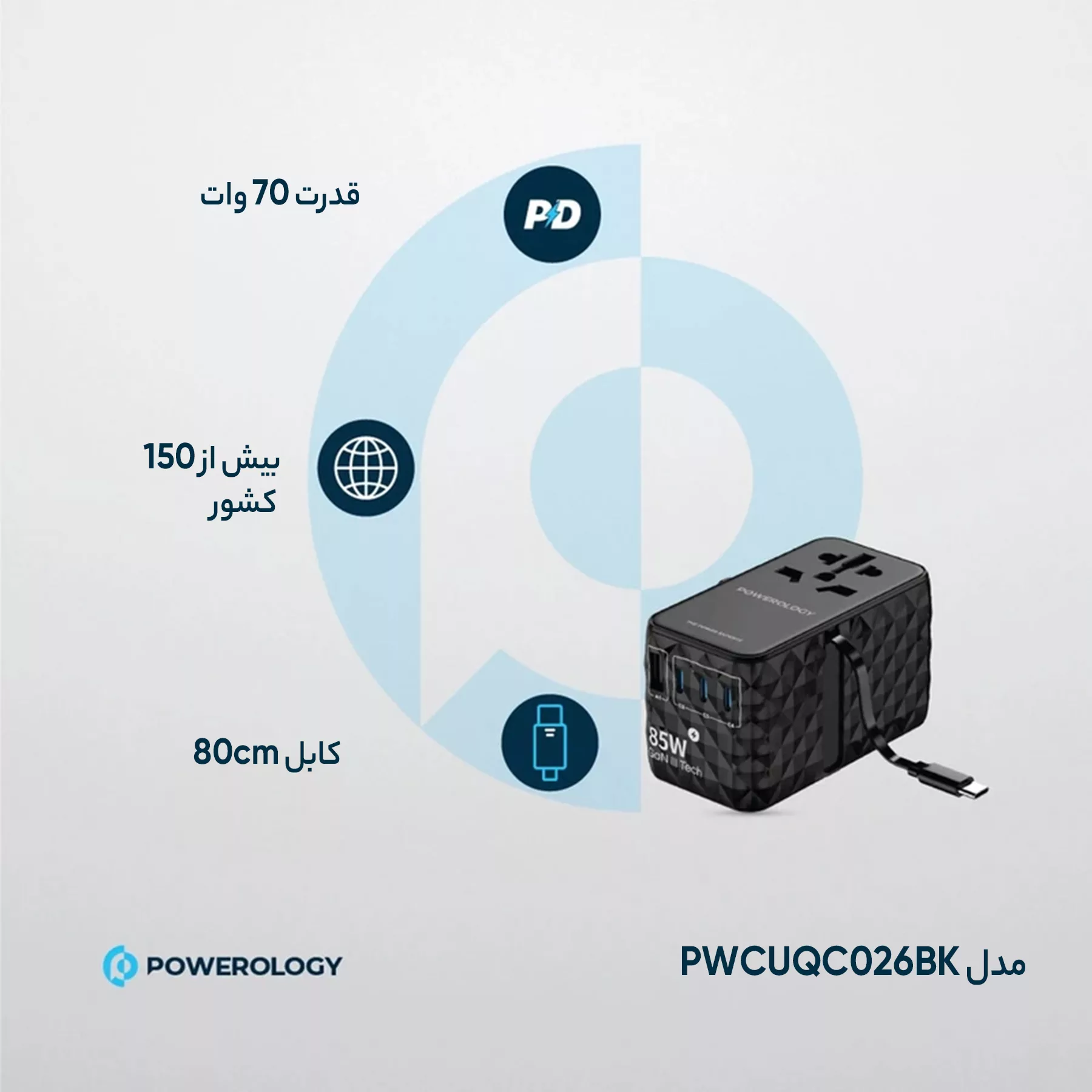 شارژر دیواری 85 وات پاورولوجی مدل PWCUQC026BK