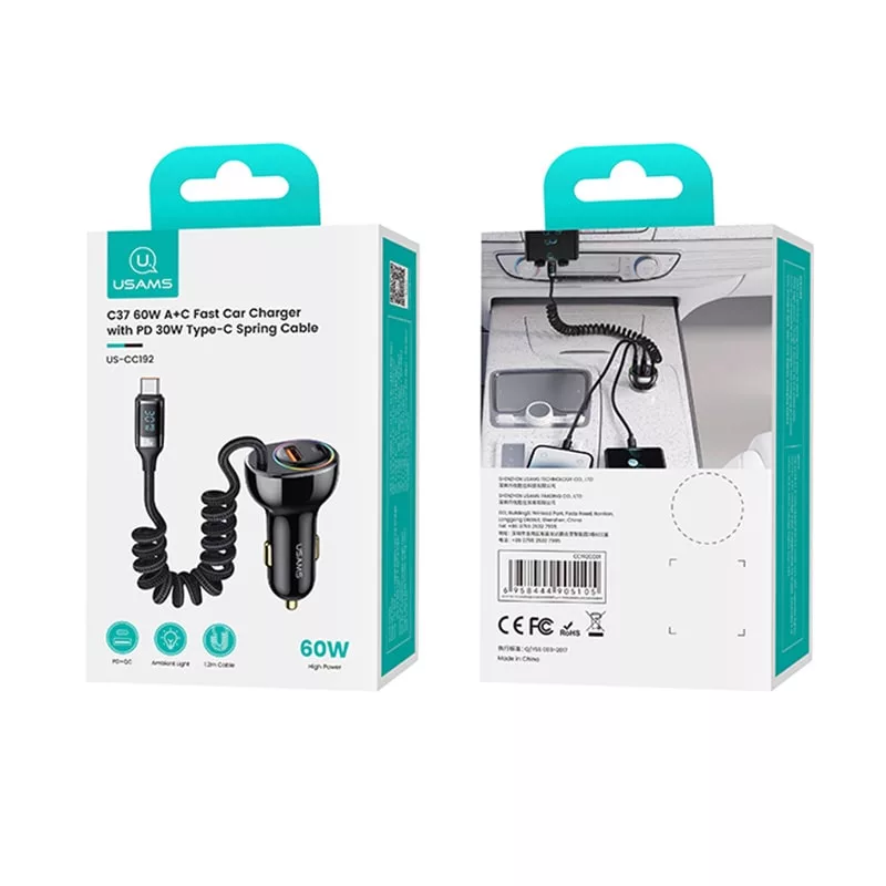 شارژر فندکی 60 وات دو پورت یوسمز مدل CC192 به همراه کابل USB-C