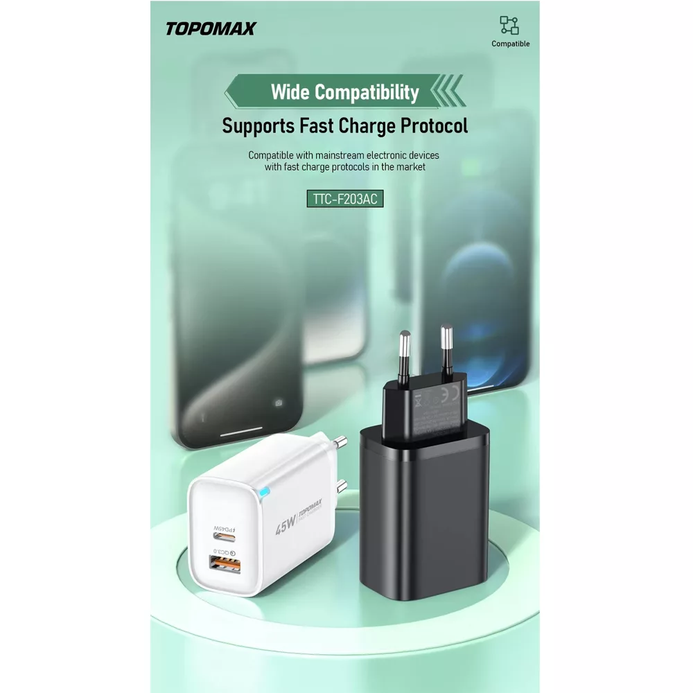 شارژر دیواری 45 وات تاپ‌ مکس مدل F45W EU به همراه کابل USB-C