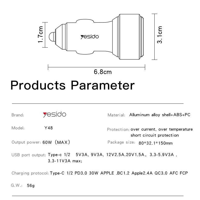 شارژر فندکی یسیدو مدل Y48