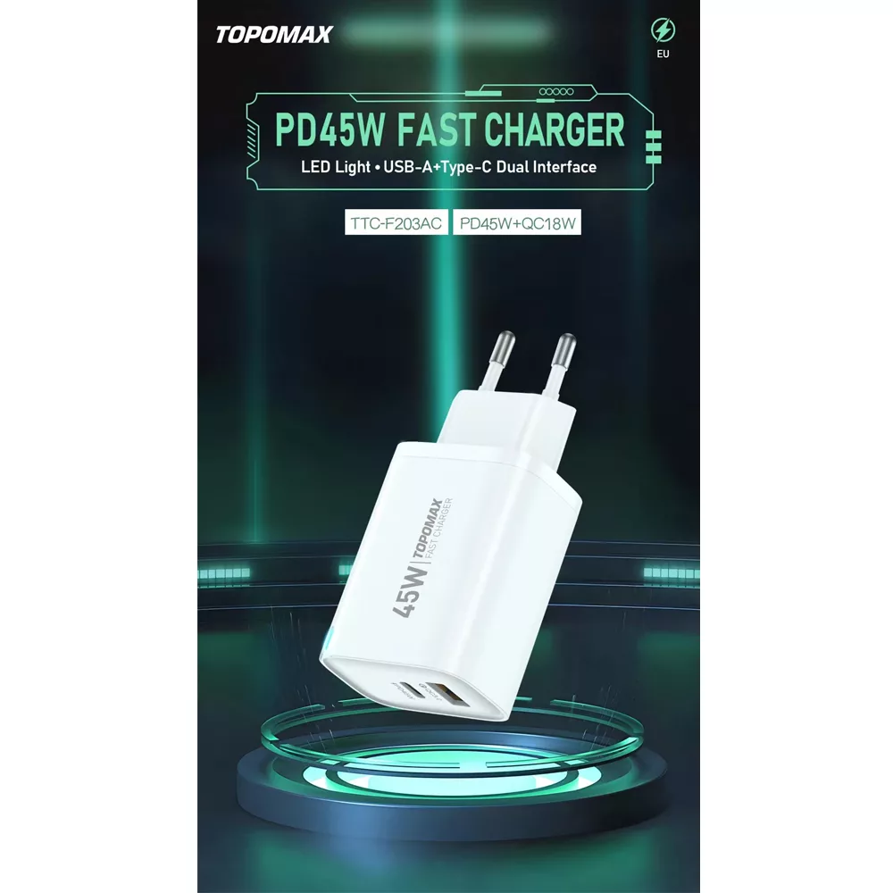 شارژر دیواری 45 وات تاپ‌ مکس مدل F45W EU به همراه کابل USB-C