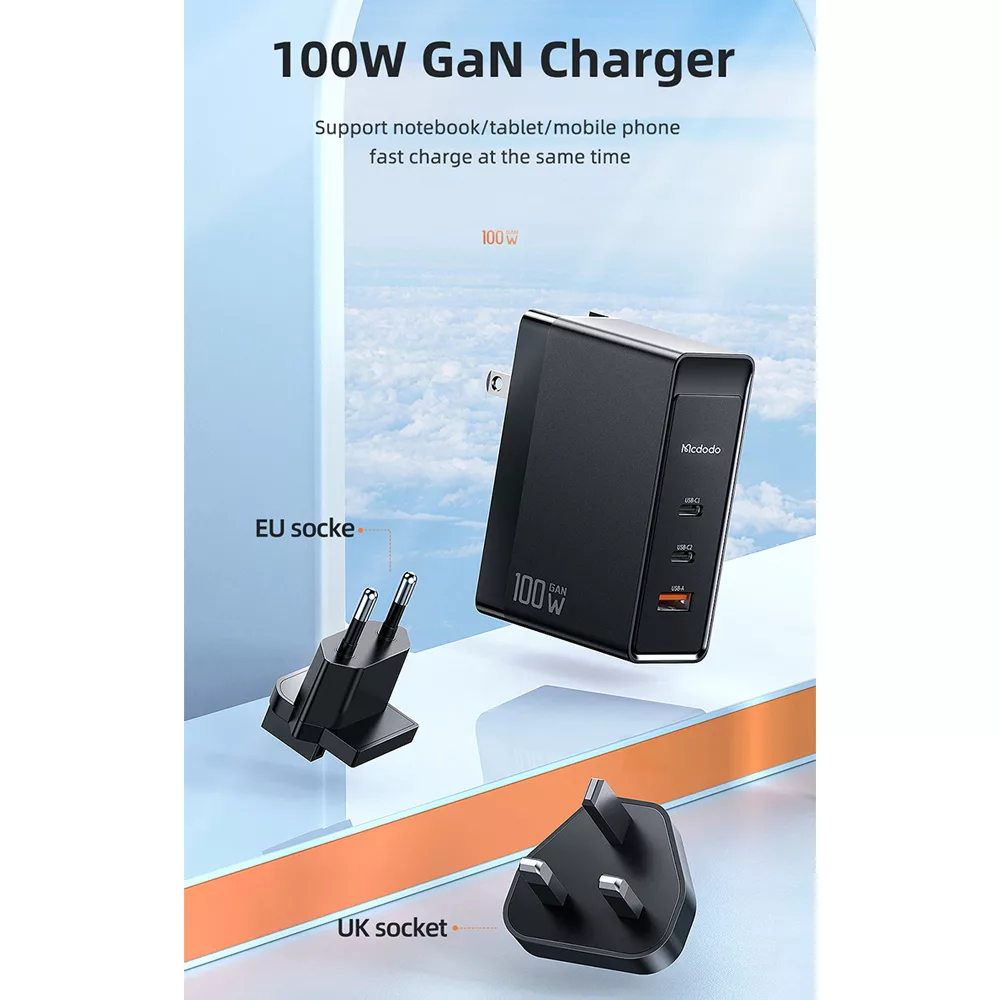 شارژر دیواری 100 وات مک دودو مدل GaN 100W 3-Port بهمراه تبدیل برق