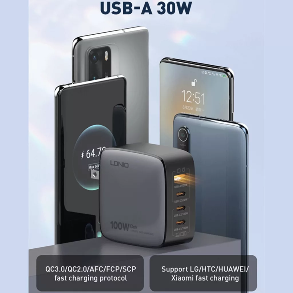 شارژر دیواری ۱۰۰ وات ۴ پورت الدینیو مدل Q408 به همراه کابل USB-C