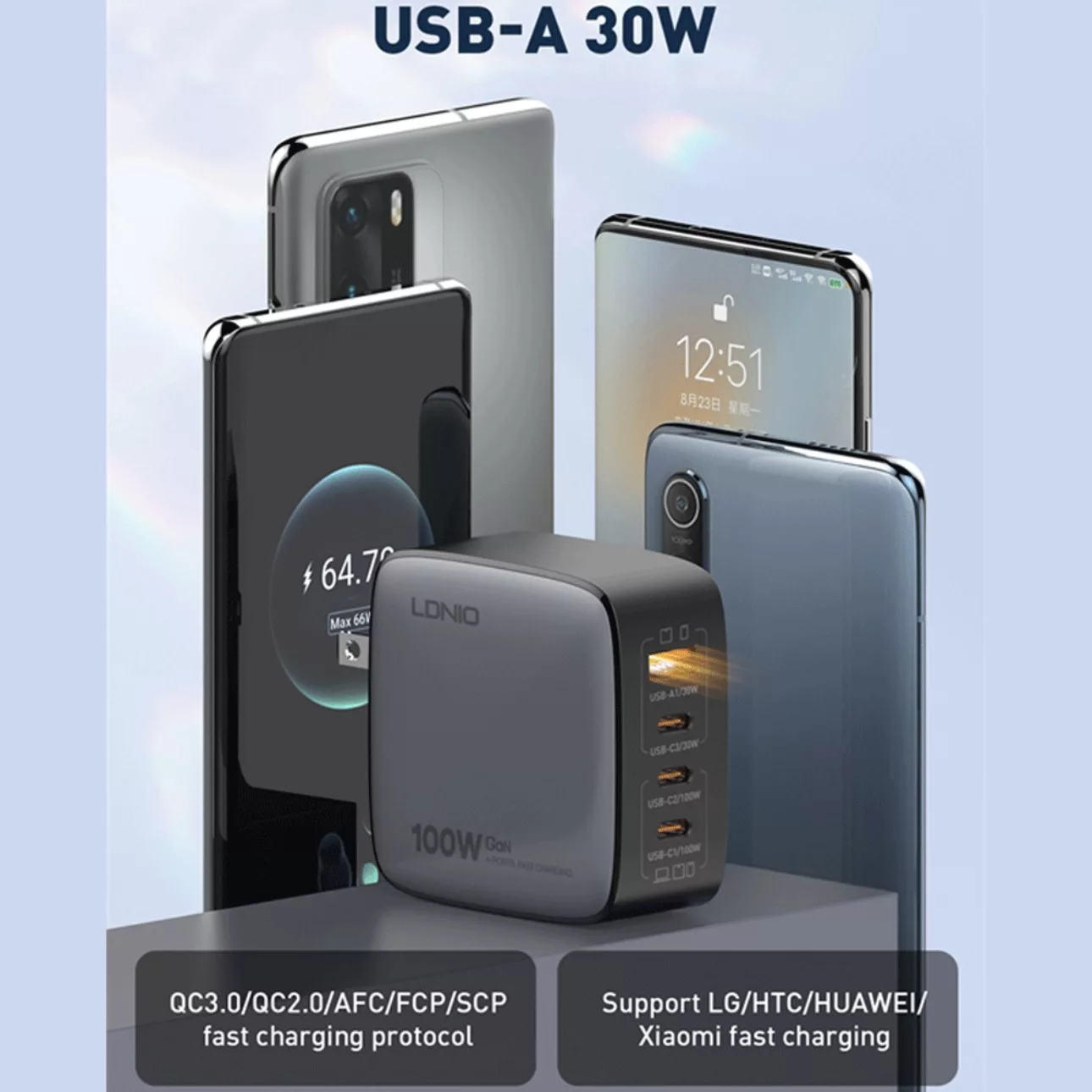 شارژر دیواری ۱۰۰ وات ۴ پورت الدینیو مدل Q408 به همراه کابل USB-C