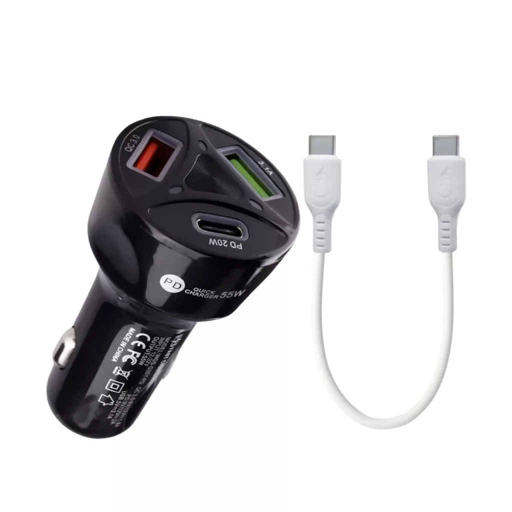 شارژر فندکی 55 وات سه پورت مدل MLE-003 به همراه کابل USB-C