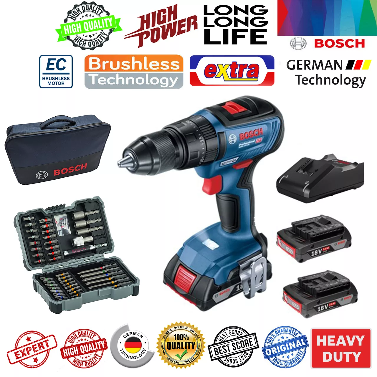 پیچ گوشتی شارژی چکشی بوش مدل GSB 18V-50 EC - BAG Extra
