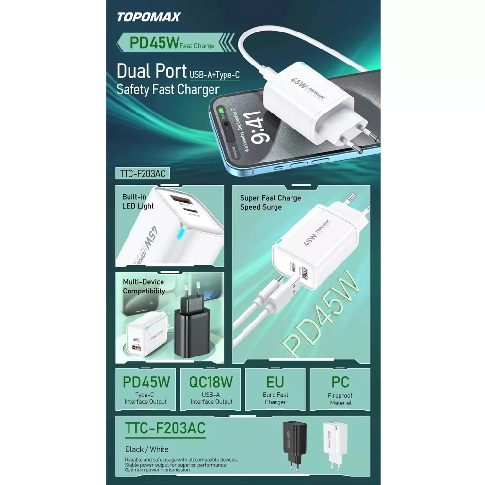 شارژر دیواری 45 وات تاپ‌ مکس مدل F45W EU به همراه کابل USB-C